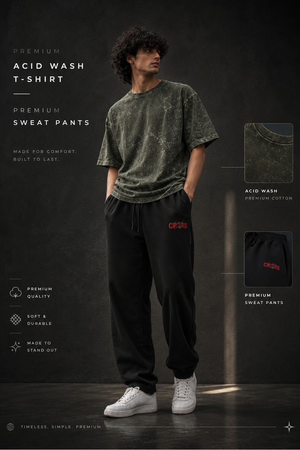 A man modeling a dark olive green acid-wash t-shirt and black sweatpants with red embroidered branding, set against a dark textured studio background with product feature callouts.