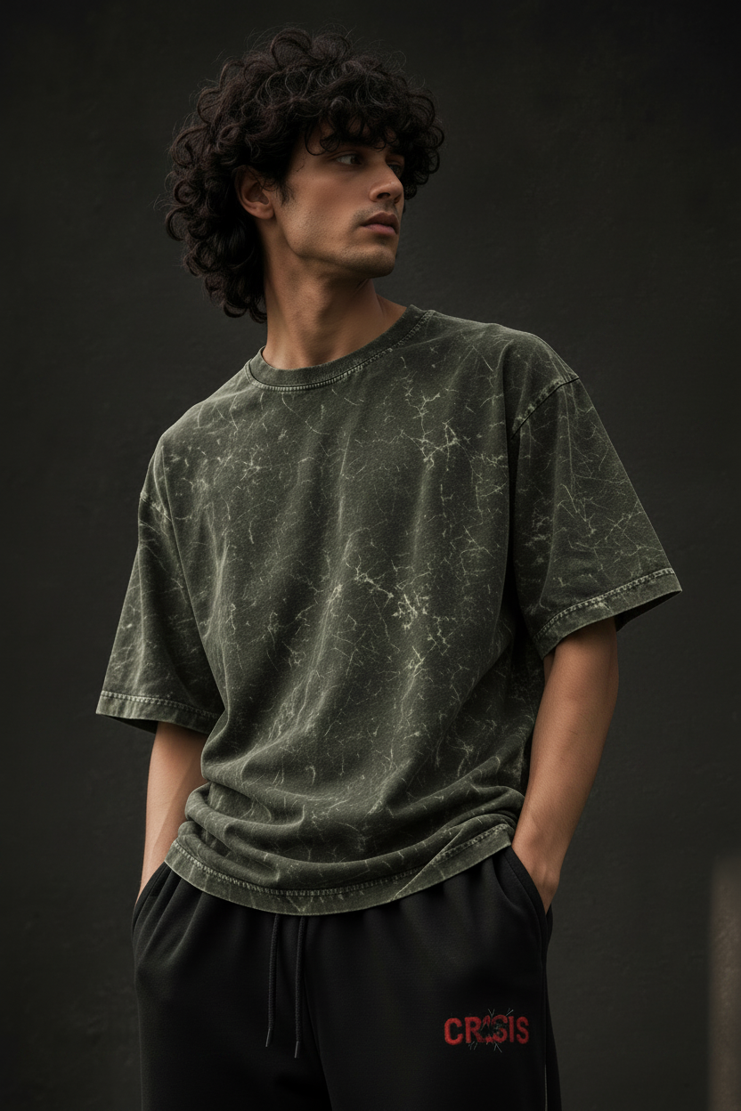 Unisex olive green acid wash co-ord set from Hide & Hype with matching t-shirt and sweatpants, casual and stylish activewear.