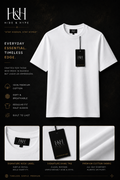 White short-sleeve crewneck t-shirt by Hide & Hype, shown on a black background with product details, branding, fabric closeups, and feature callouts.