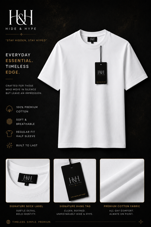 White short-sleeve crewneck t-shirt by Hide & Hype, shown on a black background with product details, branding, fabric closeups, and feature callouts.