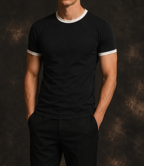 Black and white men's ringer t-shirt by Hide&Hype featuring a classic streetwear style with contrasting collar and sleeve details.
