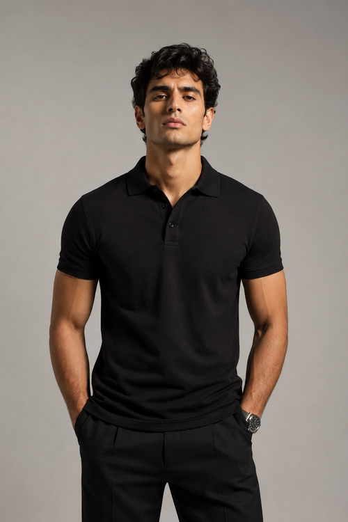 Black men's polo shirt by Hide & Hype featuring a classic collar and short sleeves, made from soft, premium fabric for everyday wear.