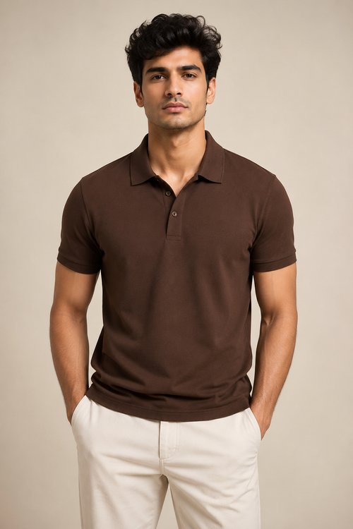 Men's coffee brown polo shirt from Hide & Hype, made of premium fabric, with a classic collar and short sleeves.