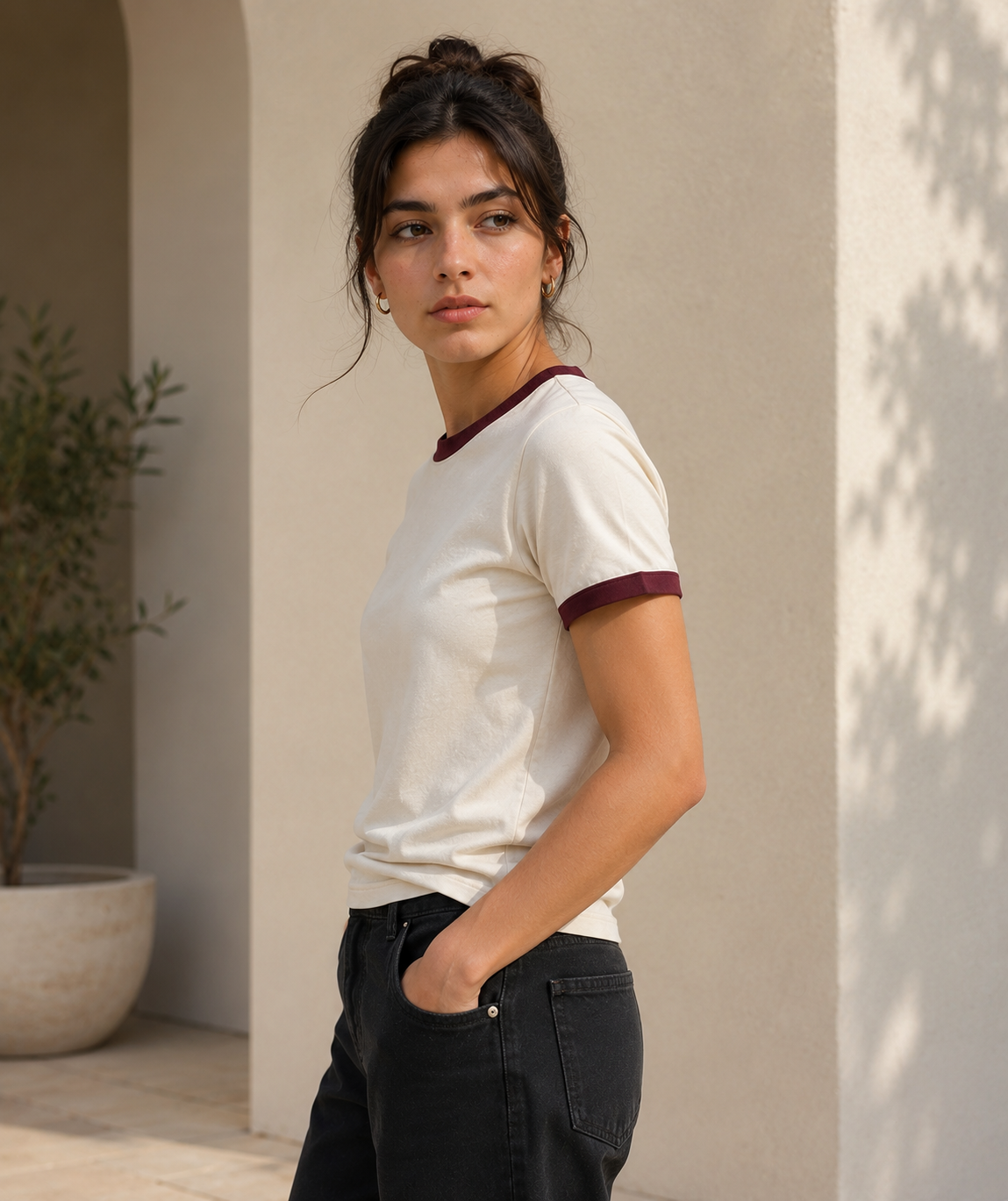 Premium Off-White × Maroon Ringer T-shirt for Women