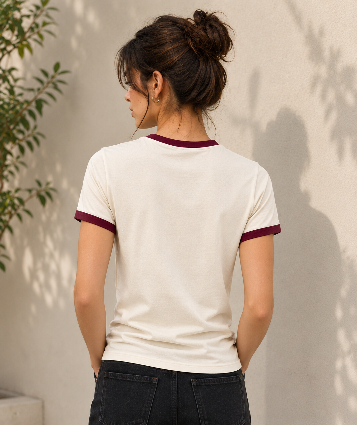 Premium Off-White × Maroon Ringer T-shirt for Women
