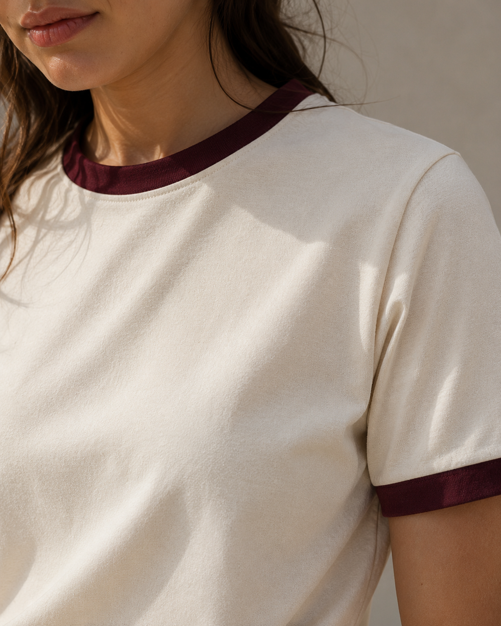 Premium Off-White × Maroon Ringer T-shirt for Women