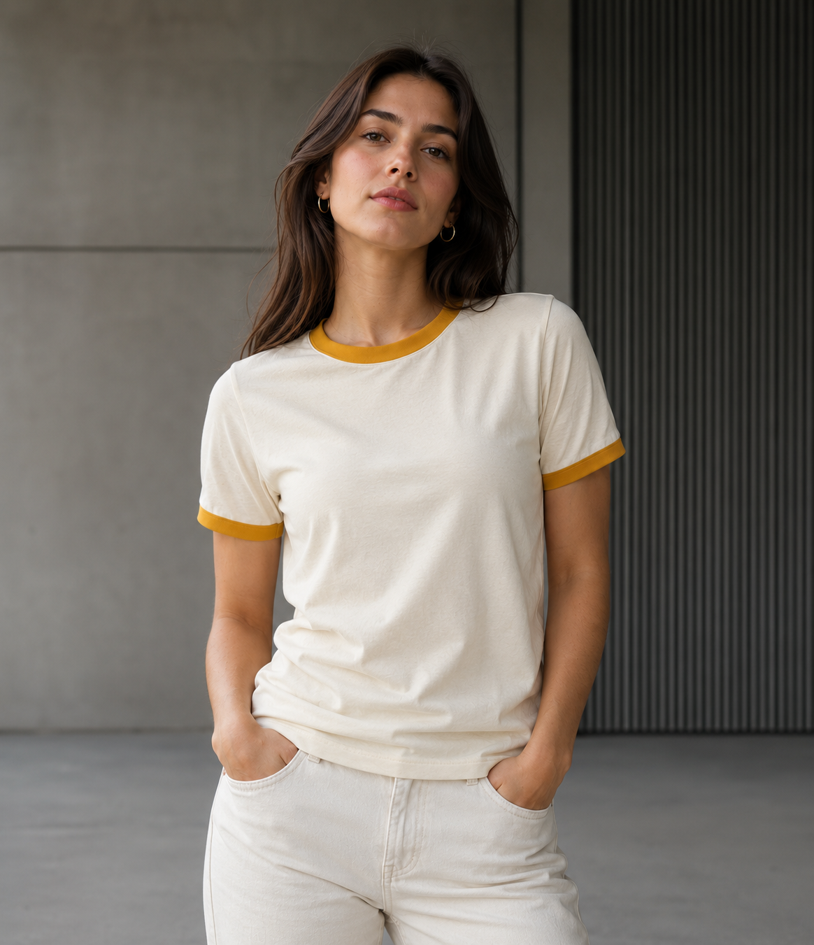 Premium Off-White × Mustard Yellow Ringer T-shirt for Women