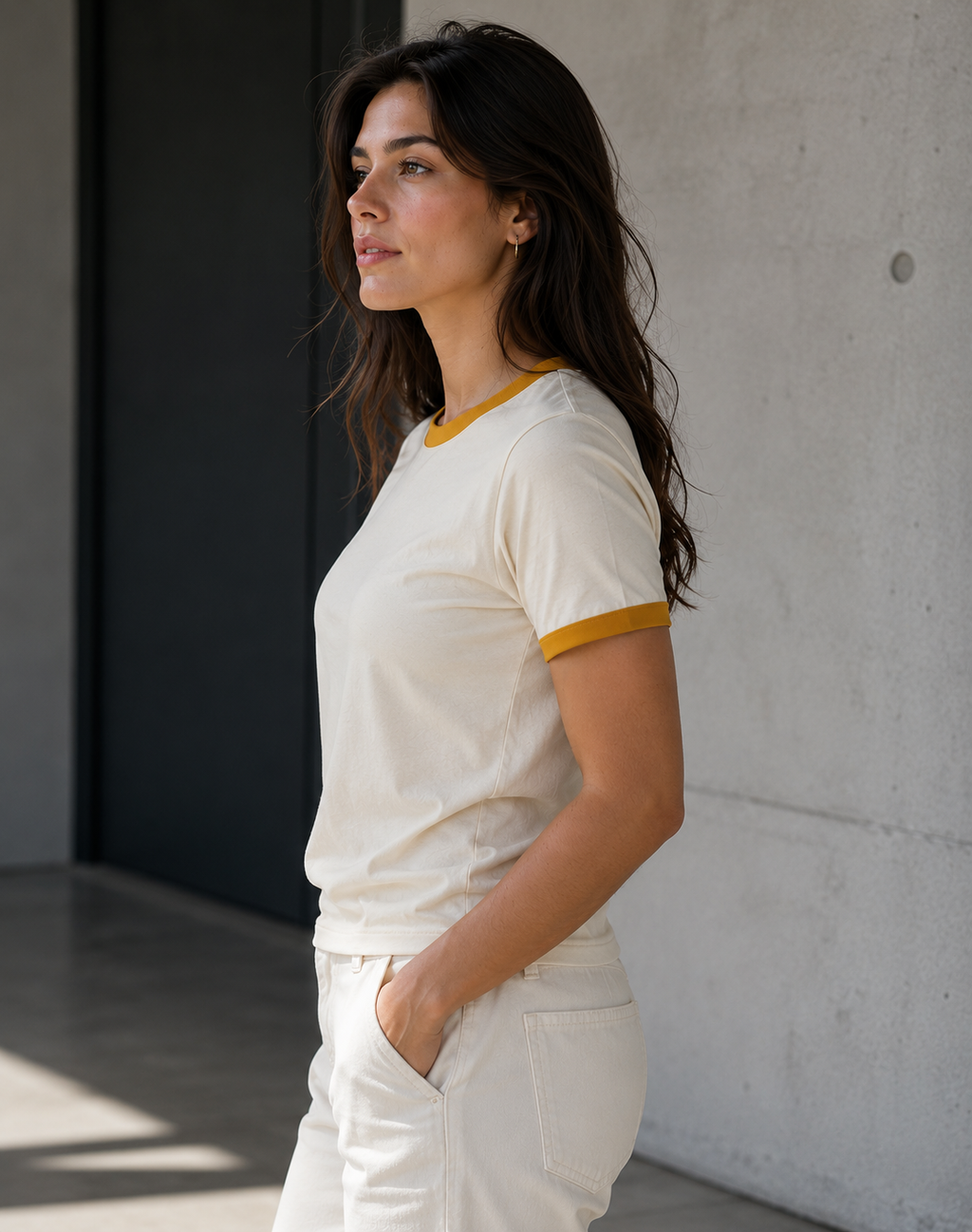 Premium Off-White × Mustard Yellow Ringer T-shirt for Women
