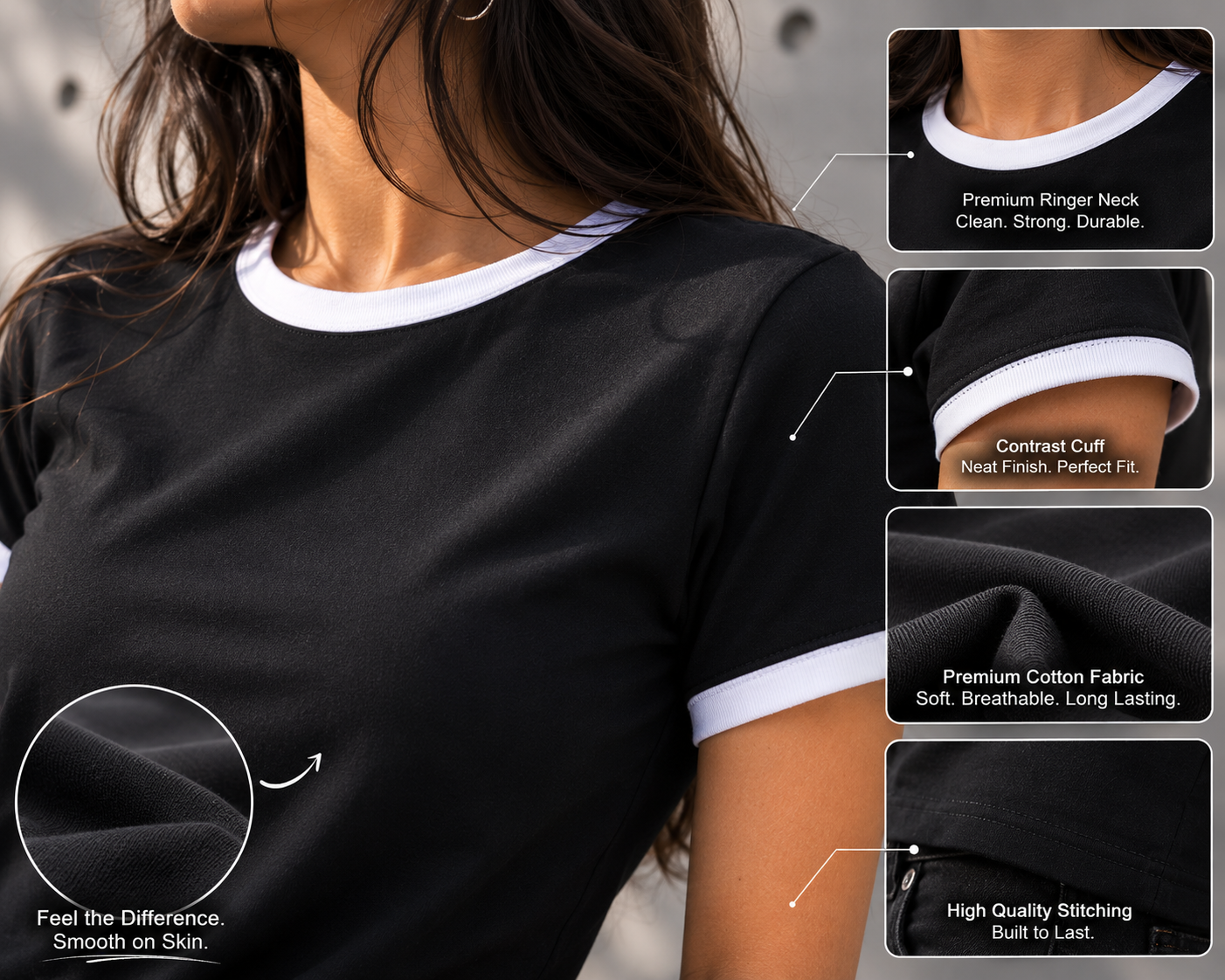 Premium Black × White Ringer T-shirt for Women