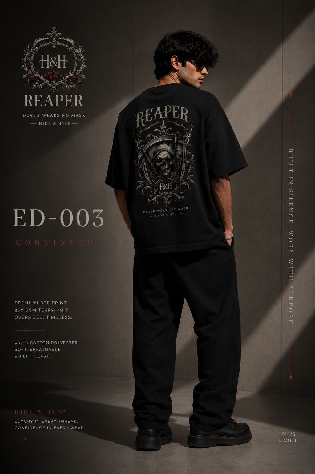 Unisex Terry Oversized T-Shirt by Hide & Hype featuring Reaper graphic, casual streetwear style in soft, comfortable fabric.