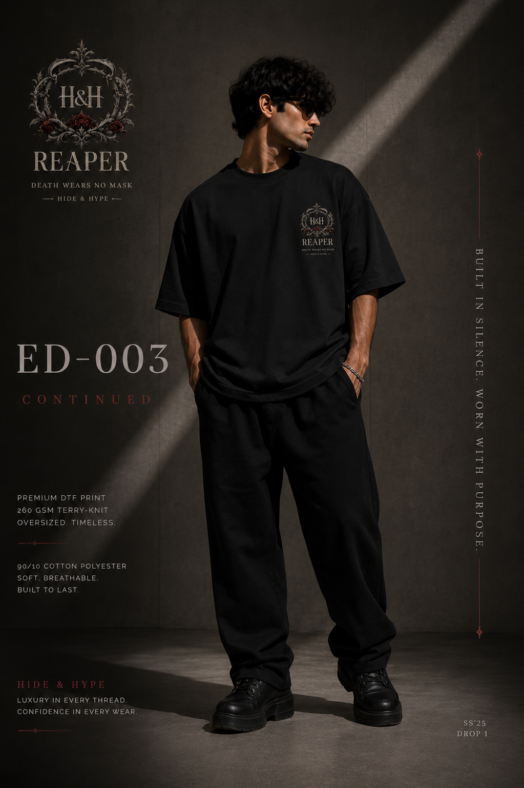 Unisex oversized Terry T-shirt by Hide & Hype with Reaper graphic, featuring streetwear style in neutral tones.