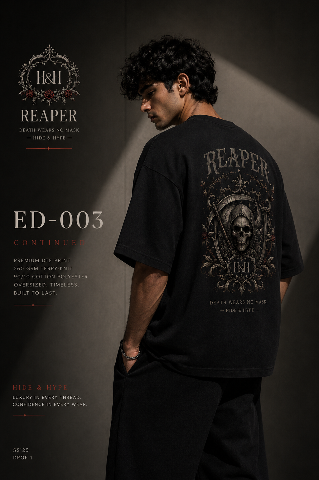 Unisex Terry Oversized T-shirt by Hide & Hype featuring Reaper graphic design in streetwear style.