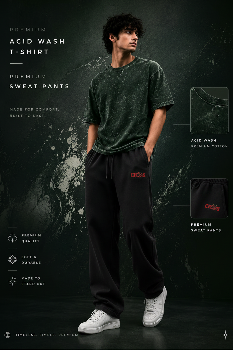 A man modeling a dark acid-wash t-shirt and matching sweatpants with white sneakers, set against a dark textured background with product feature callouts and text.