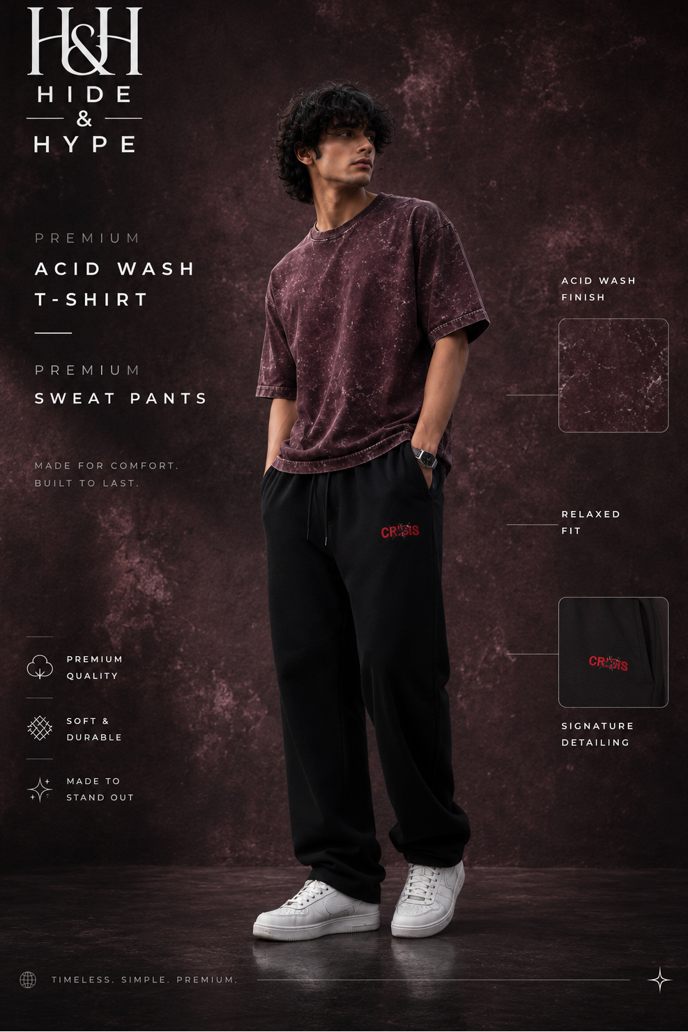 A man modeling a maroon acid-wash t-shirt and black sweatpants with red H&H logo, standing against a dark textured background with promotional text overlays.