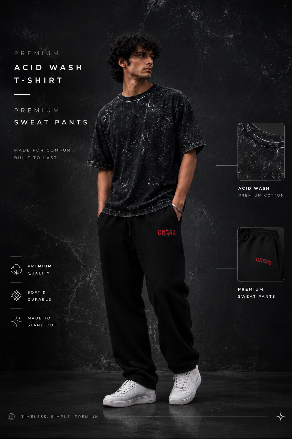 A man modeling a black acid-wash t-shirt and black sweatpants with red 'TREESBYR' logos, set against a dark textured background with product feature callouts.