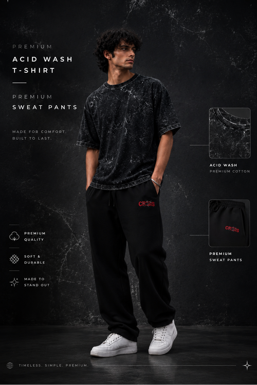 A man modeling a black acid-wash t-shirt and black sweatpants with red 'TREESBYR' logos, set against a dark textured background with product feature callouts.