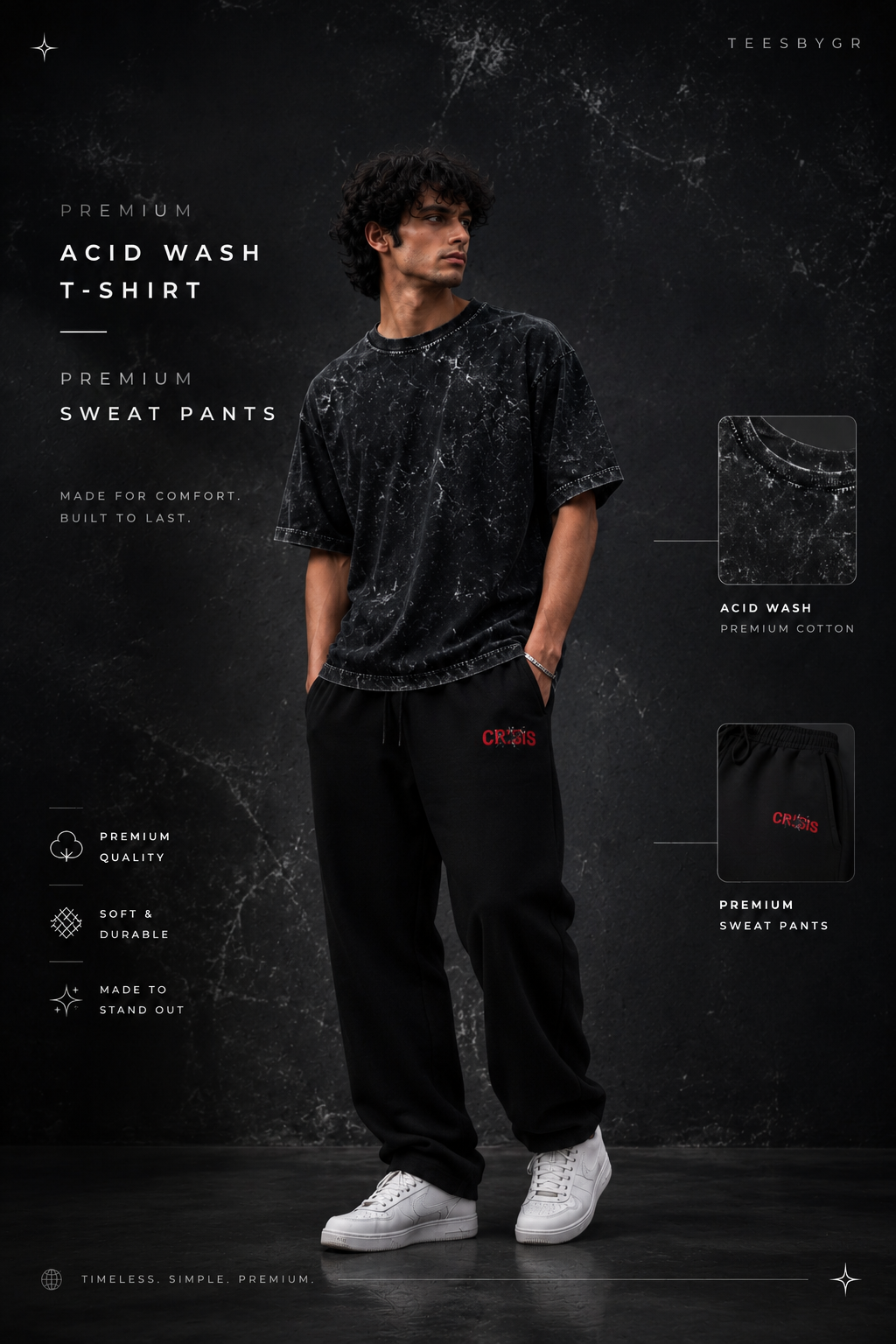 A man modeling a black acid-wash t-shirt and black sweatpants with red 'TREESBYR' logos, set against a dark textured background with product feature callouts.