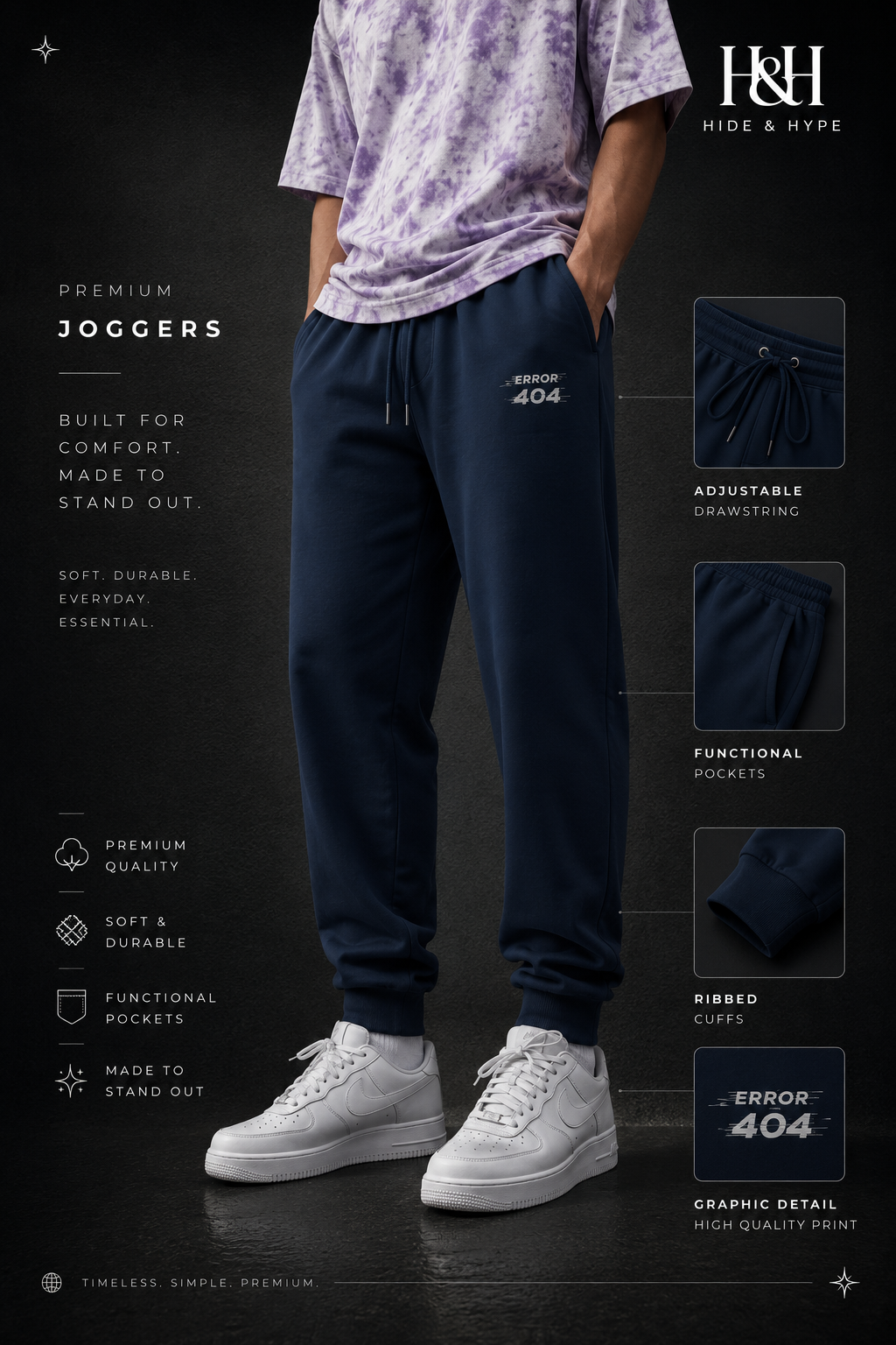 A person wearing dark navy jogger sweatpants with white sneakers, shown from the waist down on a dark studio background. The image includes promotional text for 'H&H Hide & Hype' and feature callouts for the joggers, including adjustable drawstrings, functional pockets, ribbed cuffs, and a graphic print.