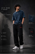 A man modeling an acid-wash blue t-shirt and black sweatpants with a red logo, set against a dark textured studio background with product feature callouts.