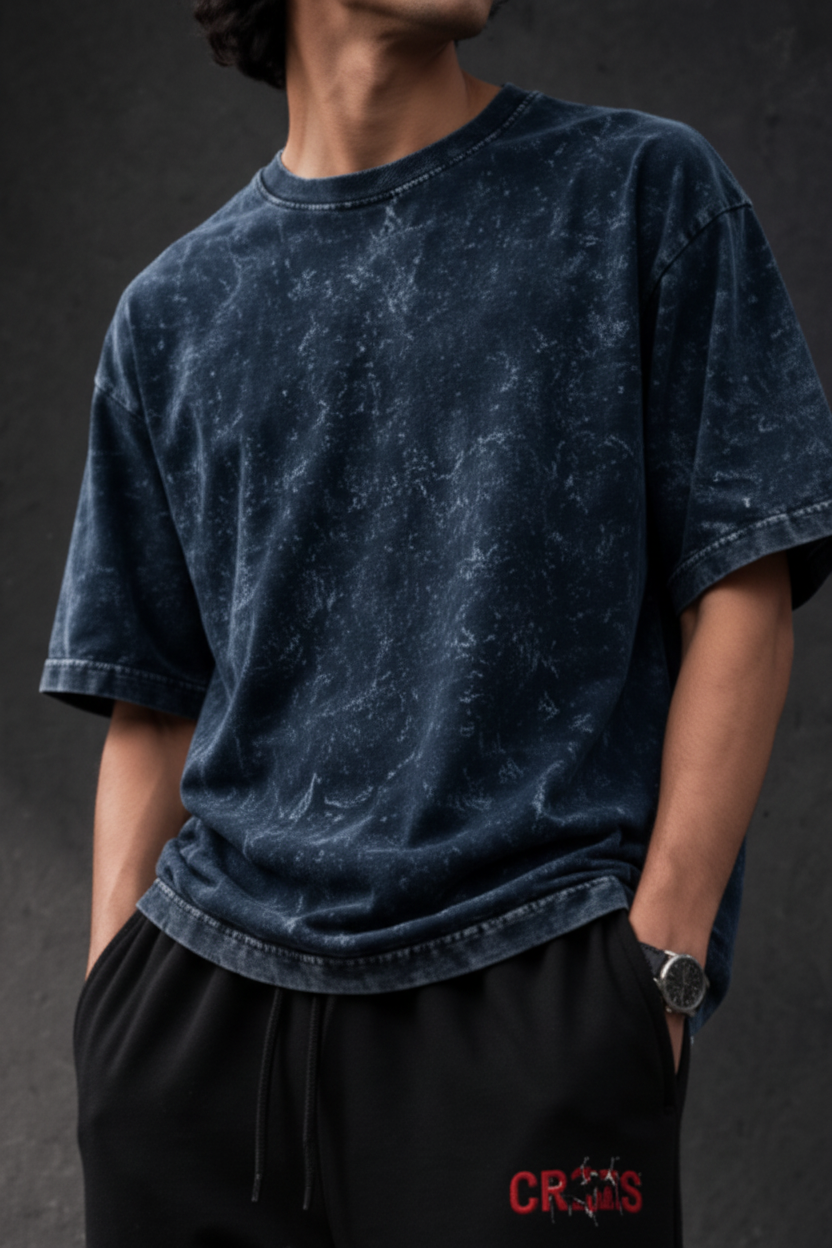 Unisex blue acid wash co-ord set from Hide & Hype with matching T-shirt and sweatpants, casual streetwear style.