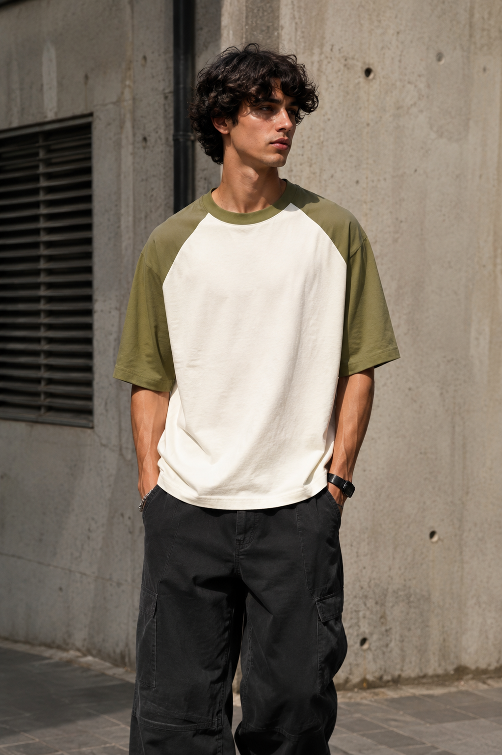 Model wearing raglan oversized tee in off-white and olive colourway